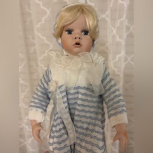 20” Beautiful Porcelain Doll w/ Blue and White Knit Onesie and Blonde Hair